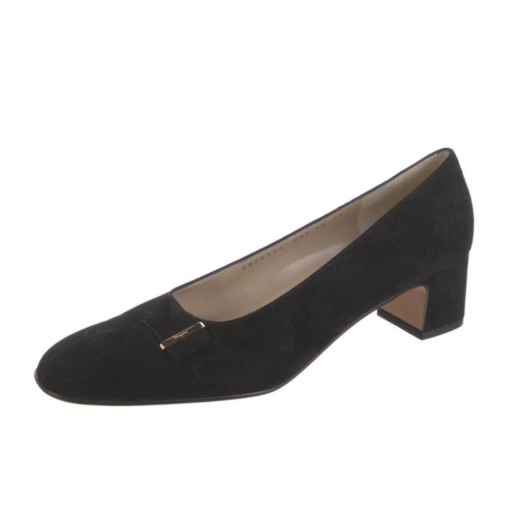 Salvatore Ferragamo Black Suede Mid Heel Pump with Gold Accent